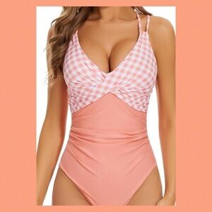 Plaid at the peach one piece swimsuit.